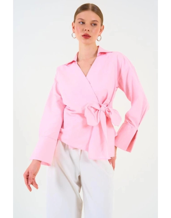 Düz Yandan Bağlamalı Gömlek - Pembe