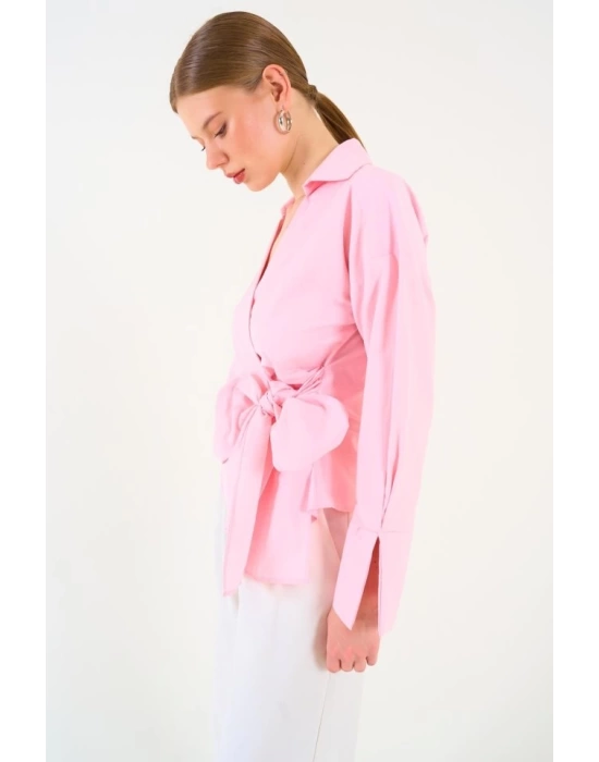 Düz Yandan Bağlamalı Gömlek - Pembe