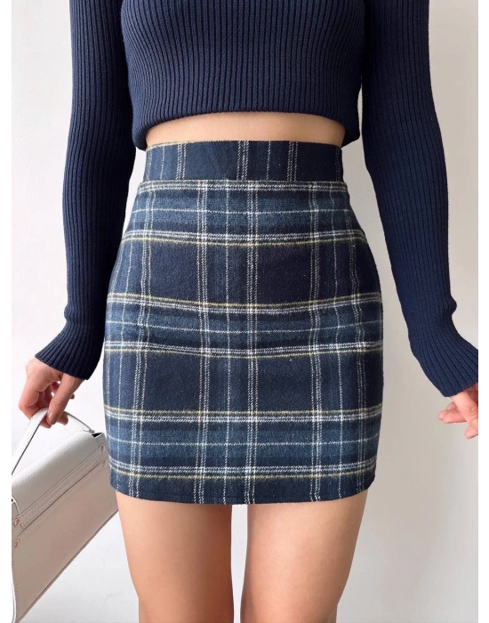 Ekoseli kaşe etek lacivert hf