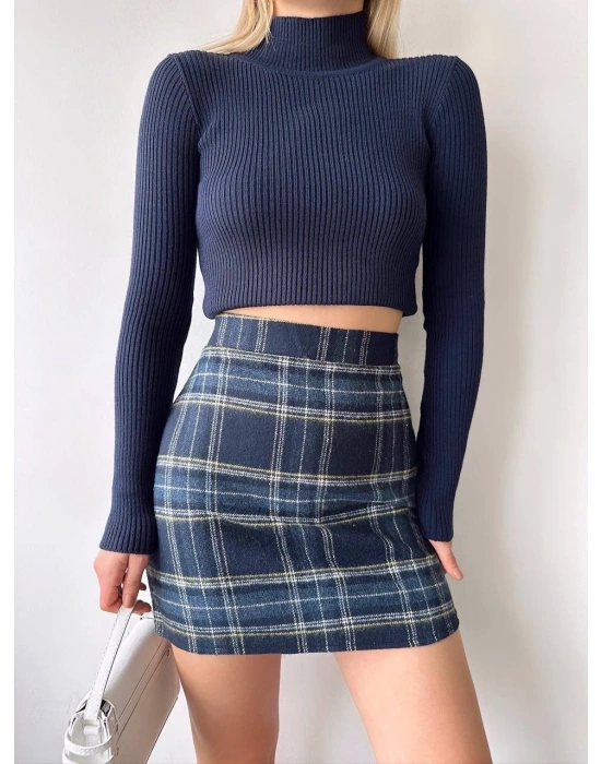 Ekoseli kaşe etek lacivert hf