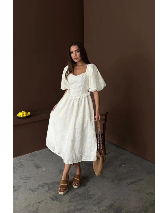 Ekru Balon Kollu Dantelli Brode Elbise