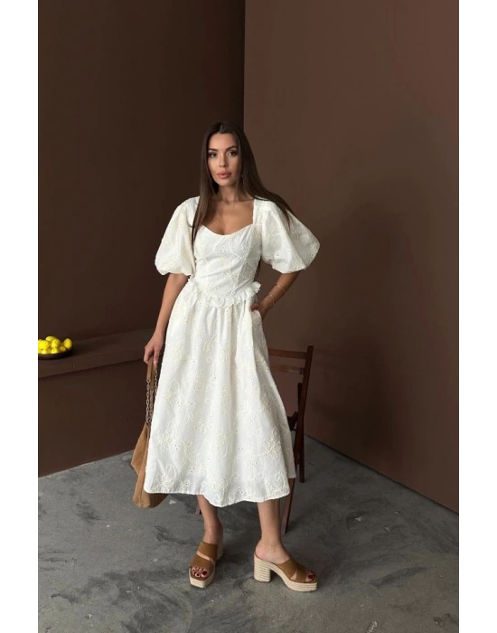 Ekru Balon Kollu Dantelli Brode Elbise