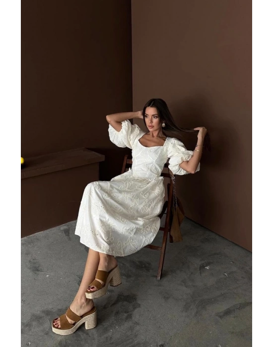 Ekru Balon Kollu Dantelli Brode Elbise