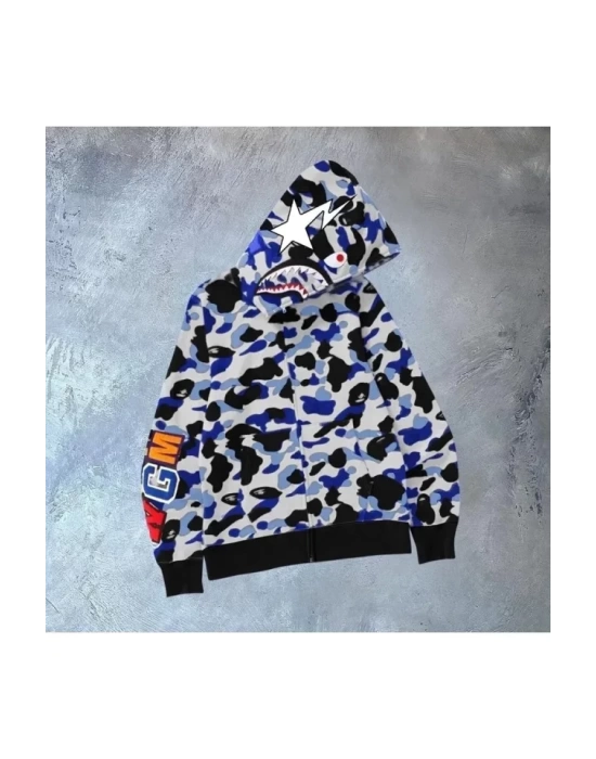 Erkek 2 İplik Bape Kapüşonu Fermuarlı Hırka - Gri