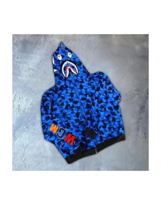 Erkek 2 İplik Bape Kapüşonu Fermuarlı Hırka - Mavi