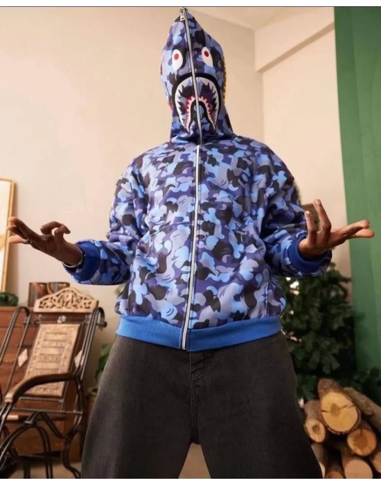 Erkek 2 İplik Bape Kapüşonu Fermuarlı Hırka - Mavi