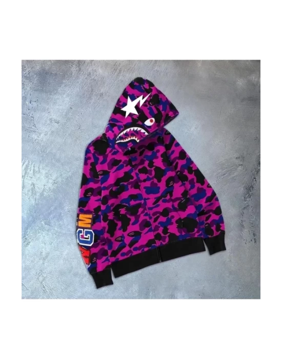 Erkek 2 İplik Bape Kapüşonu Fermuarlı Hırka - Mor