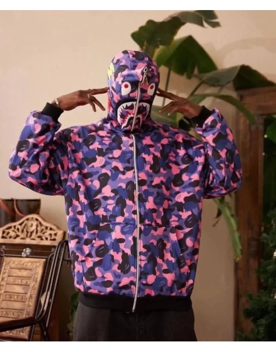 Erkek 2 İplik Bape Kapüşonu Fermuarlı Hırka - Mor