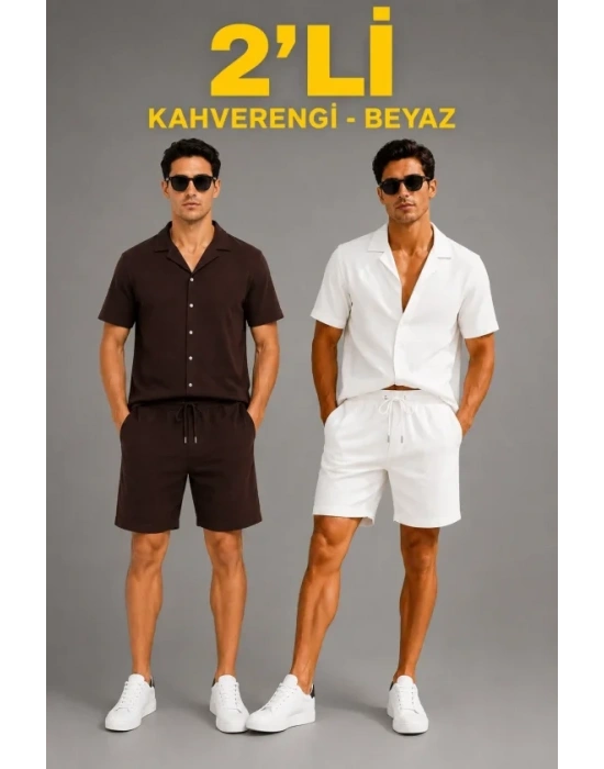 Erkek 2li Krep Kumaş Cepli Gömlek Şort Takım Kısa Kollu Bağcıklı - Kahverengi - Beyaz