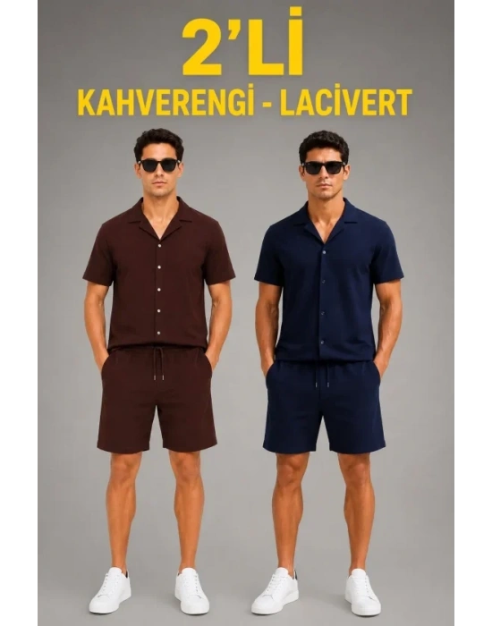 Erkek 2li Krep Kumaş Cepli Gömlek Şort Takım Kısa Kollu Bağcıklı - Kahverengi - Lacivert