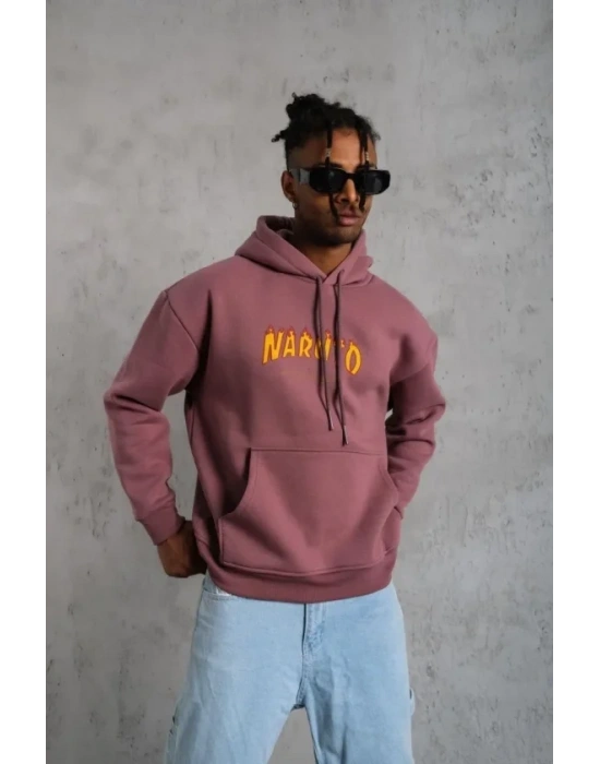 Erkek 3 İplik Pamuklu Kapüşonlu Baskılı Cepli Oversize Sweatshirt Hoodie - Gül Kurusu