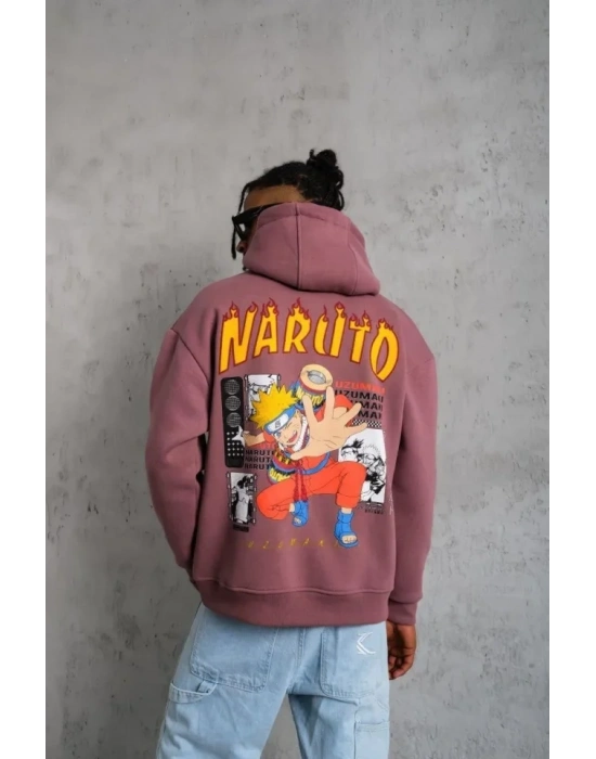 Erkek 3 İplik Pamuklu Kapüşonlu Baskılı Cepli Oversize Sweatshirt Hoodie - Gül Kurusu
