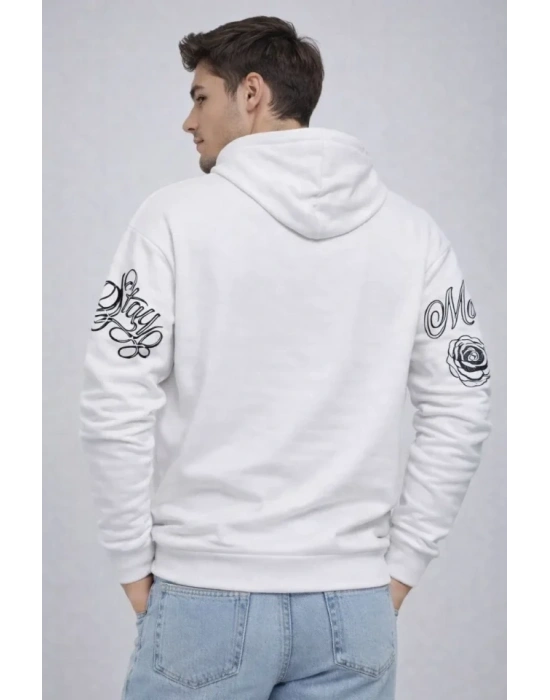 Erkek 3 İplik Pamuklu Kapüşonlu Baskılı SweatShirt Hoodie - Beyaz
