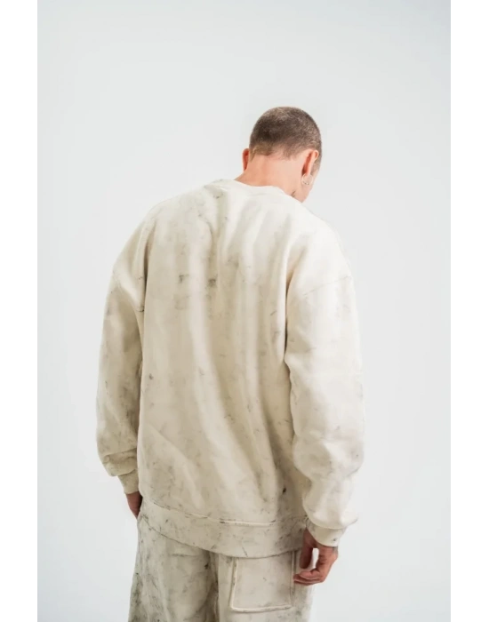 Erkek 3 İplik Pamuklu Yağ Yıkamalı Sweatshirt Double Oversize Bisiklet Yaka Uzun Kol - Krem