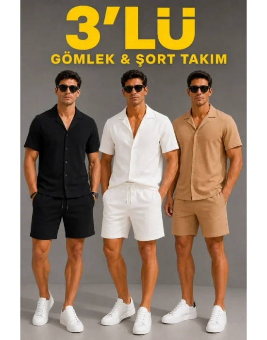 Erkek 3’lü Krep Kumaş Cepli Gömlek Şort Takım Kısa Kollu Bağcıklı - Siyah , Beyaz , Bej