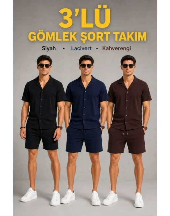 Erkek 3’lü Krep Kumaş Cepli Gömlek Şort Takım Kısa Kollu Bağcıklı - Siyah , Lacivert , Kahverengi