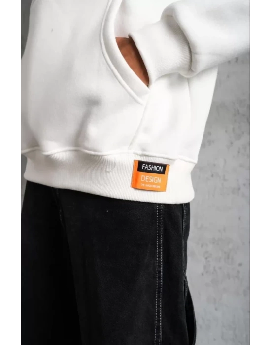 Erkek Armalı Baskılı Kapüşonlu Sweatshirt - Beyaz