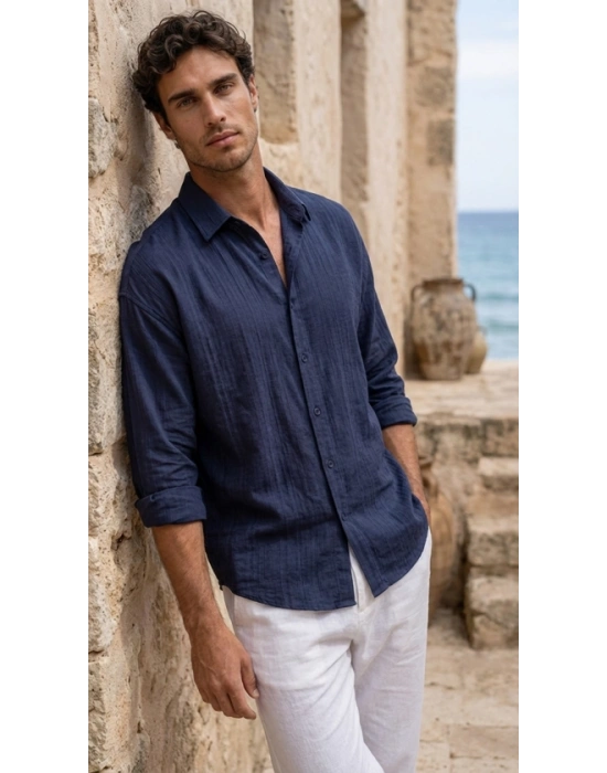 Erkek Armürlü Yarım Oversize Müslin Gömlek