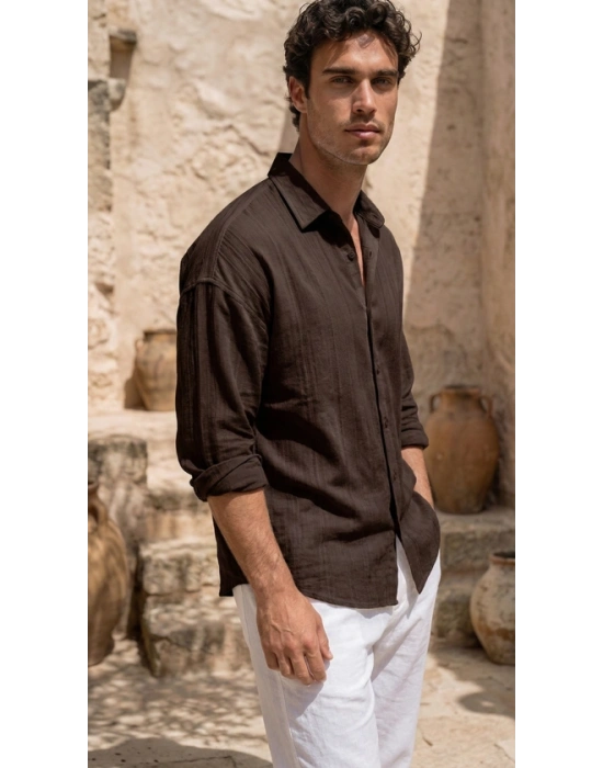 Erkek Armürlü Yarım Oversize Müslin Gömlek