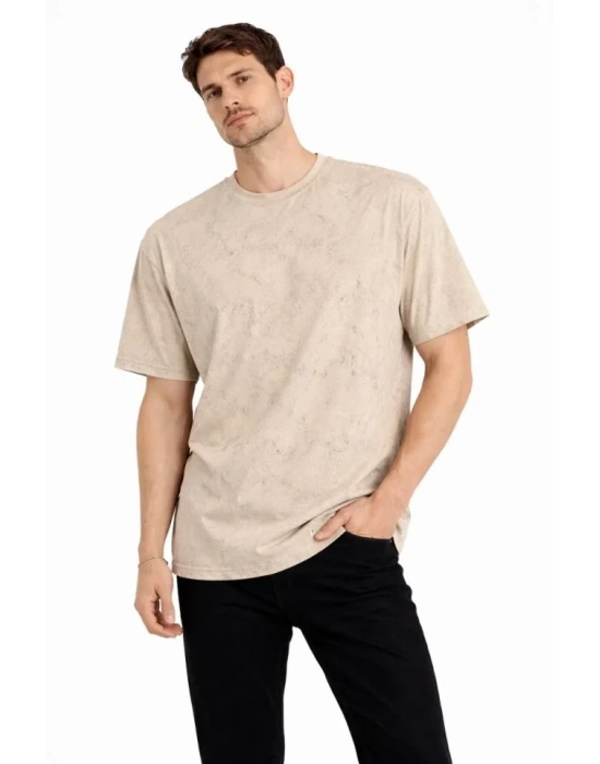 Erkek Asit Yıkama Bisiklet Yaka Kısa Kollu Oversize T-Shirt Tişört - Bej