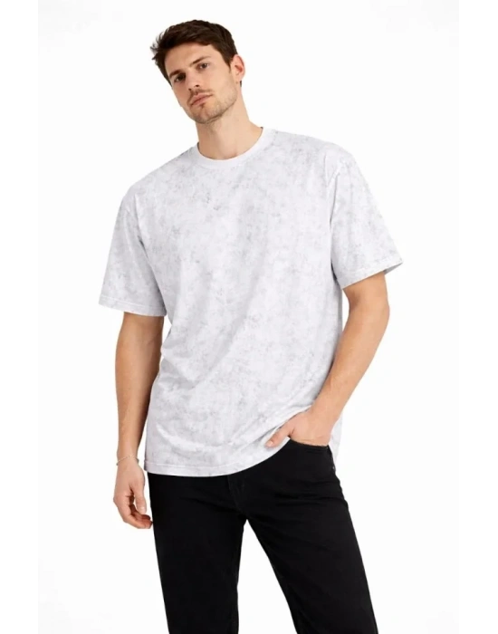 Erkek Asit Yıkama Bisiklet Yaka Kısa Kollu Oversize T-Shirt Tişört - Beyaz