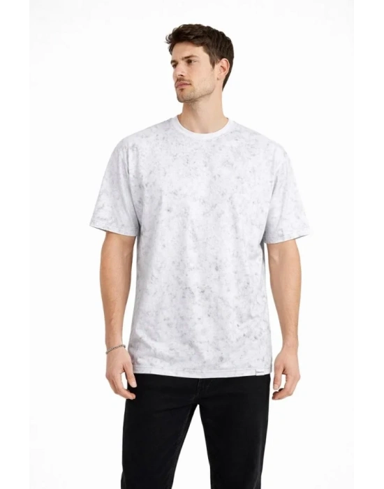 Erkek Asit Yıkama Bisiklet Yaka Kısa Kollu Oversize T-Shirt Tişört - Beyaz