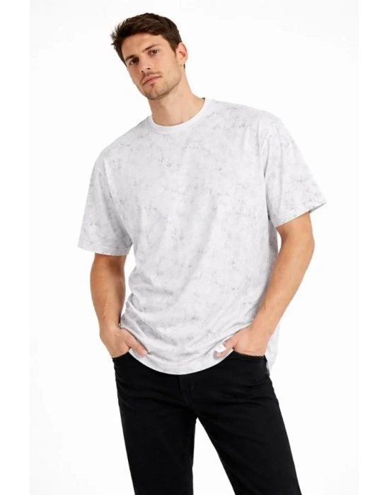 Erkek Asit Yıkama Bisiklet Yaka Kısa Kollu Oversize T-Shirt Tişört - Beyaz