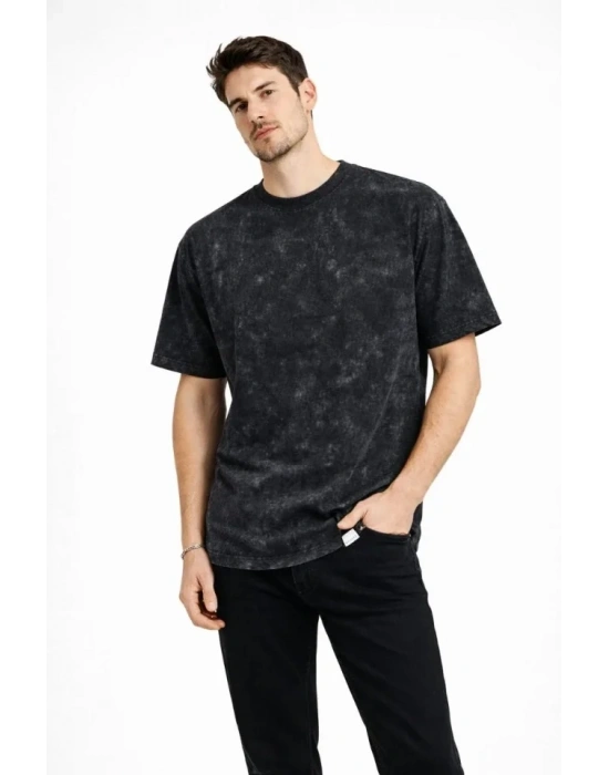 Erkek Asit Yıkama Bisiklet Yaka Kısa Kollu Oversize T-Shirt Tişört - Siyah