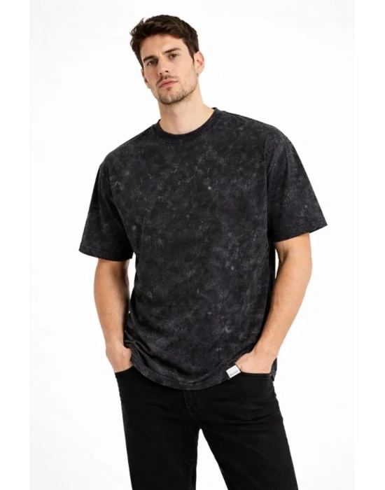 Erkek Asit Yıkama Bisiklet Yaka Kısa Kollu Oversize T-Shirt Tişört - Siyah