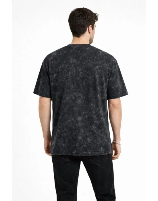 Erkek Asit Yıkama Bisiklet Yaka Kısa Kollu Oversize T-Shirt Tişört - Siyah