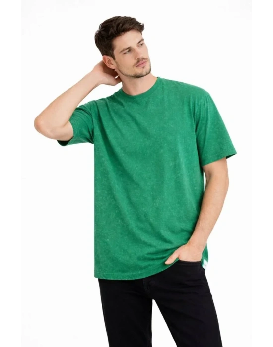 Erkek Asit Yıkama Bisiklet Yaka Kısa Kollu Oversize T-Shirt Tişört - Yeşil