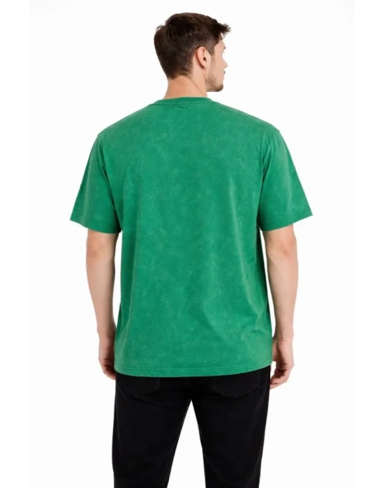 Erkek Asit Yıkama Bisiklet Yaka Kısa Kollu Oversize T-Shirt Tişört - Yeşil
