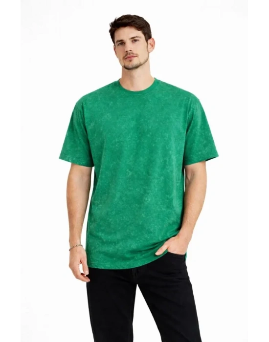 Erkek Asit Yıkama Bisiklet Yaka Kısa Kollu Oversize T-Shirt Tişört - Yeşil