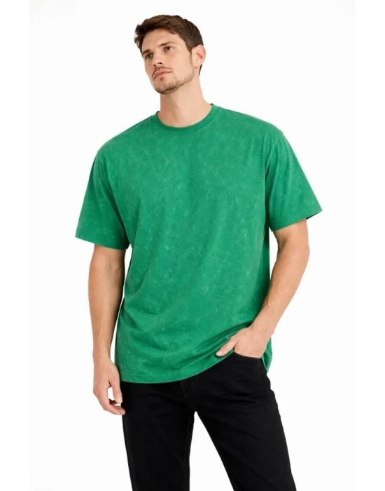 Erkek Asit Yıkama Bisiklet Yaka Kısa Kollu Oversize T-Shirt Tişört - Yeşil