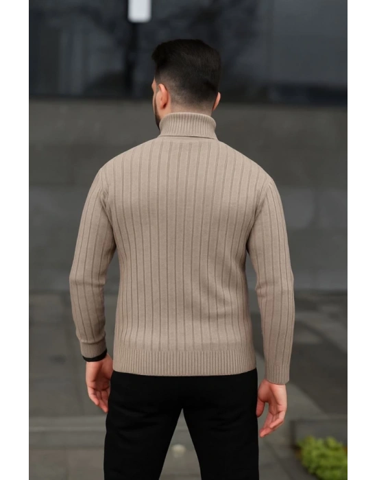 Erkek Balıkcı Yaka Bağazlı Triko Kazak Pamuklu Kalın Fitilli Dokuma, Regular Fit Uzun Kollu Kışlık Model - Bej