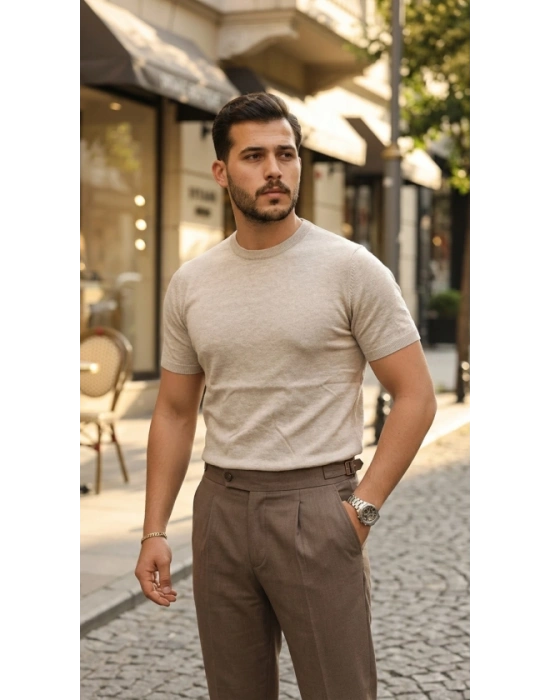 Erkek Basic Bisiklet Yaka Kısa Kollu Triko Tişört - %100 Pamuk Akrilik