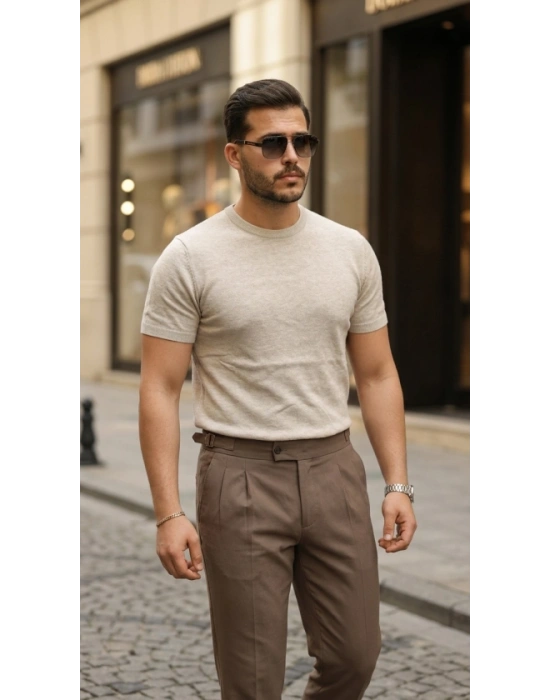 Erkek Basic Bisiklet Yaka Kısa Kollu Triko Tişört - %100 Pamuk Akrilik