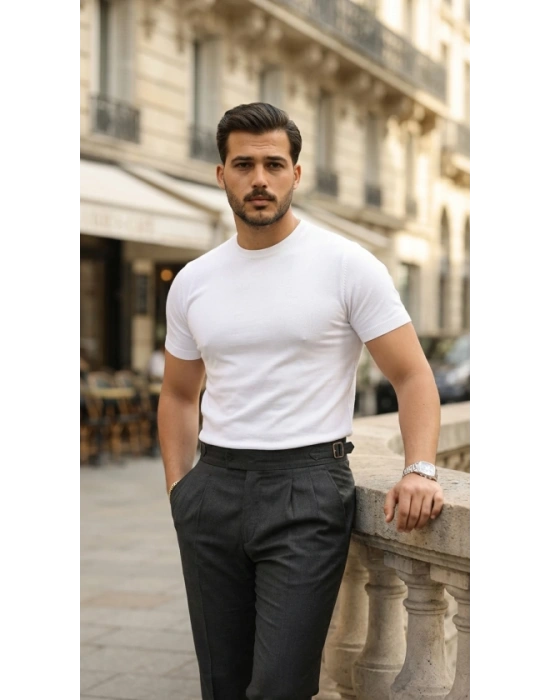 Erkek Basic Bisiklet Yaka Kısa Kollu Triko Tişört - %100 Pamuk Akrilik