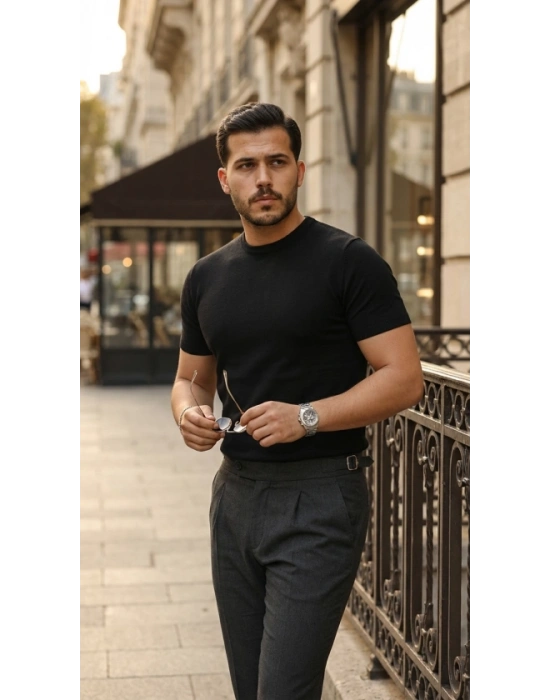 Erkek Basic Bisiklet Yaka Kısa Kollu Triko Tişört - %100 Pamuk Akrilik