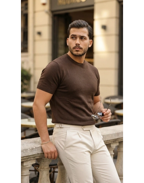 Erkek Basic Bisiklet Yaka Kısa Kollu Triko Tişört - %100 Pamuk Akrilik