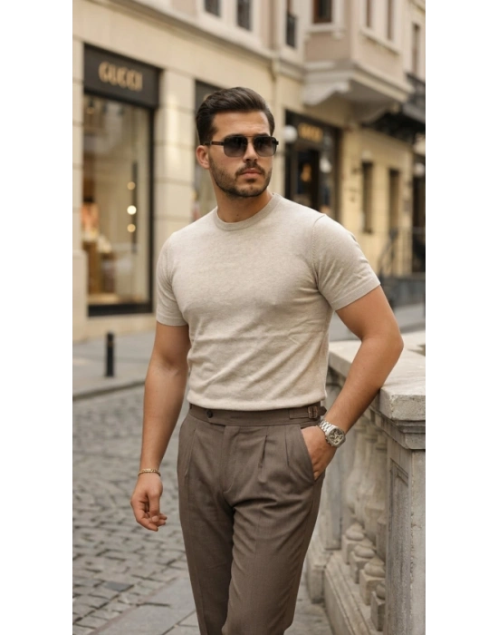 Erkek Basic Bisiklet Yaka Kısa Kollu Triko Tişört - %100 Pamuk Akrilik