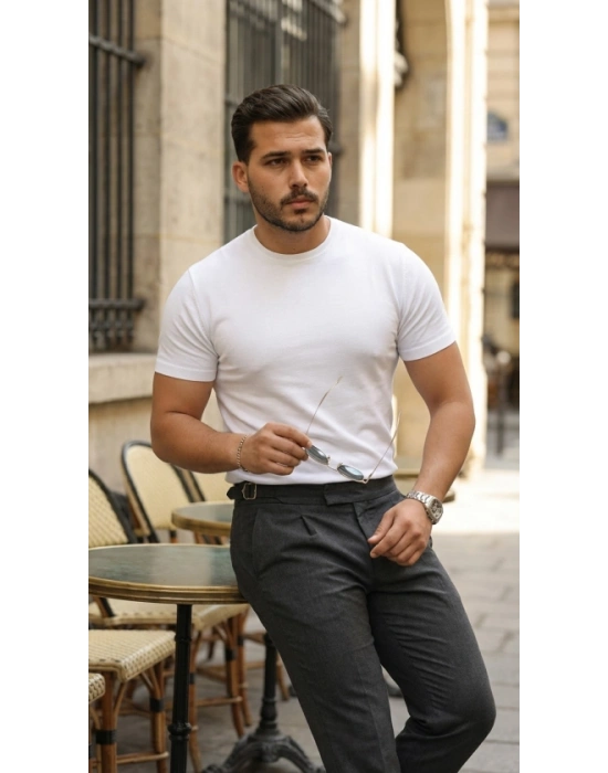 Erkek Basic Bisiklet Yaka Kısa Kollu Triko Tişört - %100 Pamuk Akrilik