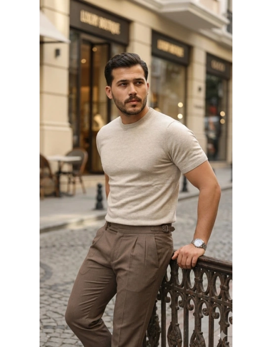 Erkek Basic Bisiklet Yaka Kısa Kollu Triko Tişört - %100 Pamuk Akrilik