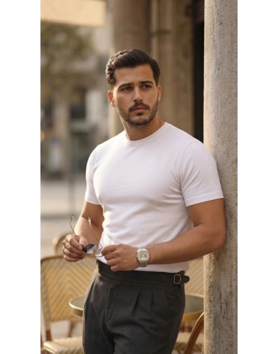 Erkek Basic Bisiklet Yaka Kısa Kollu Triko Tişört - %100 Pamuk Akrilik