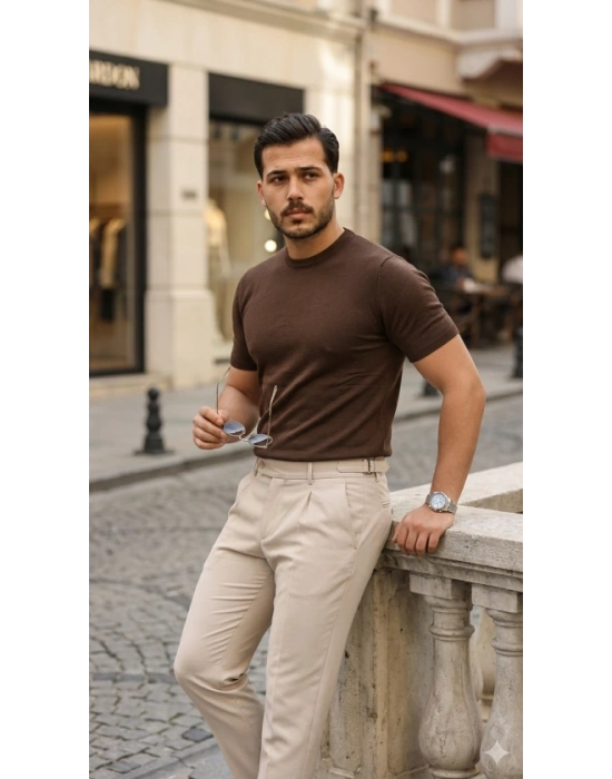 Erkek Basic Bisiklet Yaka Kısa Kollu Triko Tişört - %100 Pamuk Akrilik