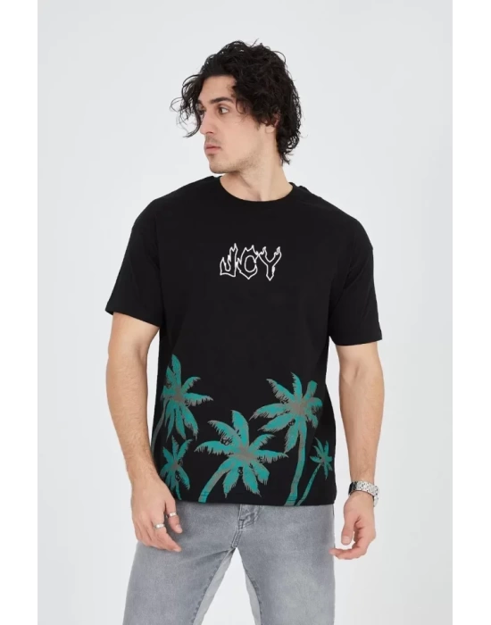 Erkek Baskılı Bisiklet Yaka T-Shirt - Siyah