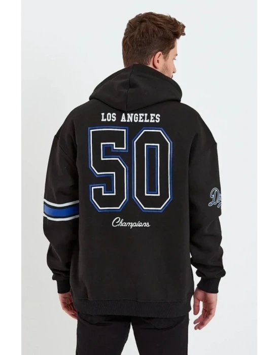 Erkek Baskılı Kapşonlu Üç Iplik Oversize Sweatshirt - Siyah