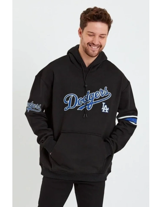 Erkek Baskılı Kapşonlu Üç Iplik Oversize Sweatshirt - Siyah