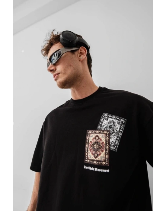 Erkek Baskılı Oversize T-shirt - Siyah