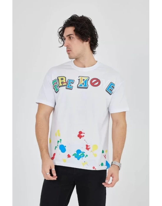 Erkek Baskılı Penye T-Shirt - Beyaz